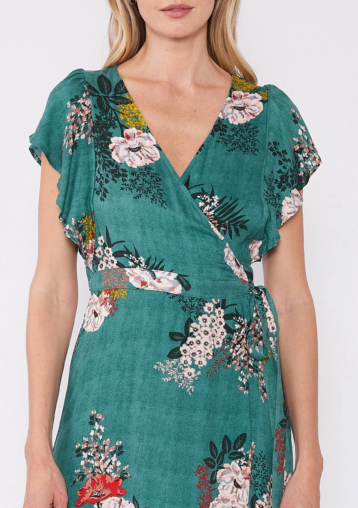 Floral Print Flutter Sleeve High Low Wrap Dress
