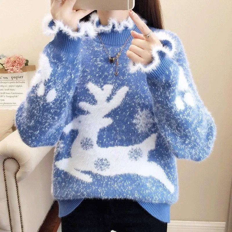 Fluffy Reindeer Christmas Cashmere Sweater: With Reindeer and snow print.
