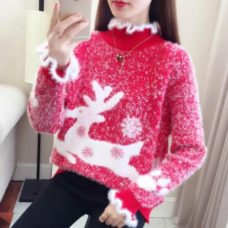 Fluffy Reindeer Christmas Cashmere Sweater: With Reindeer and snow print.