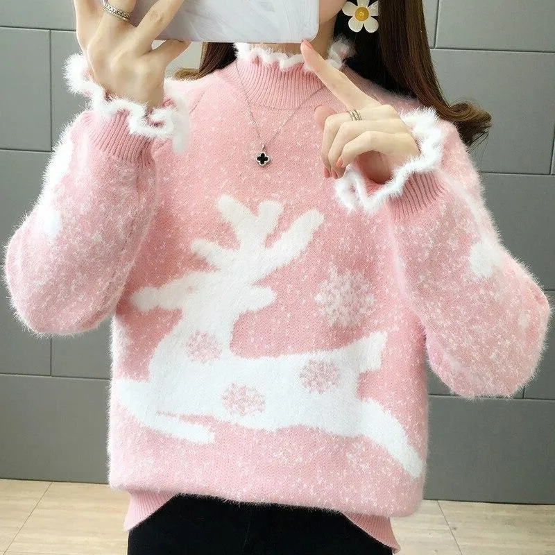 Fluffy Reindeer Christmas Cashmere Sweater: With Reindeer and snow print.