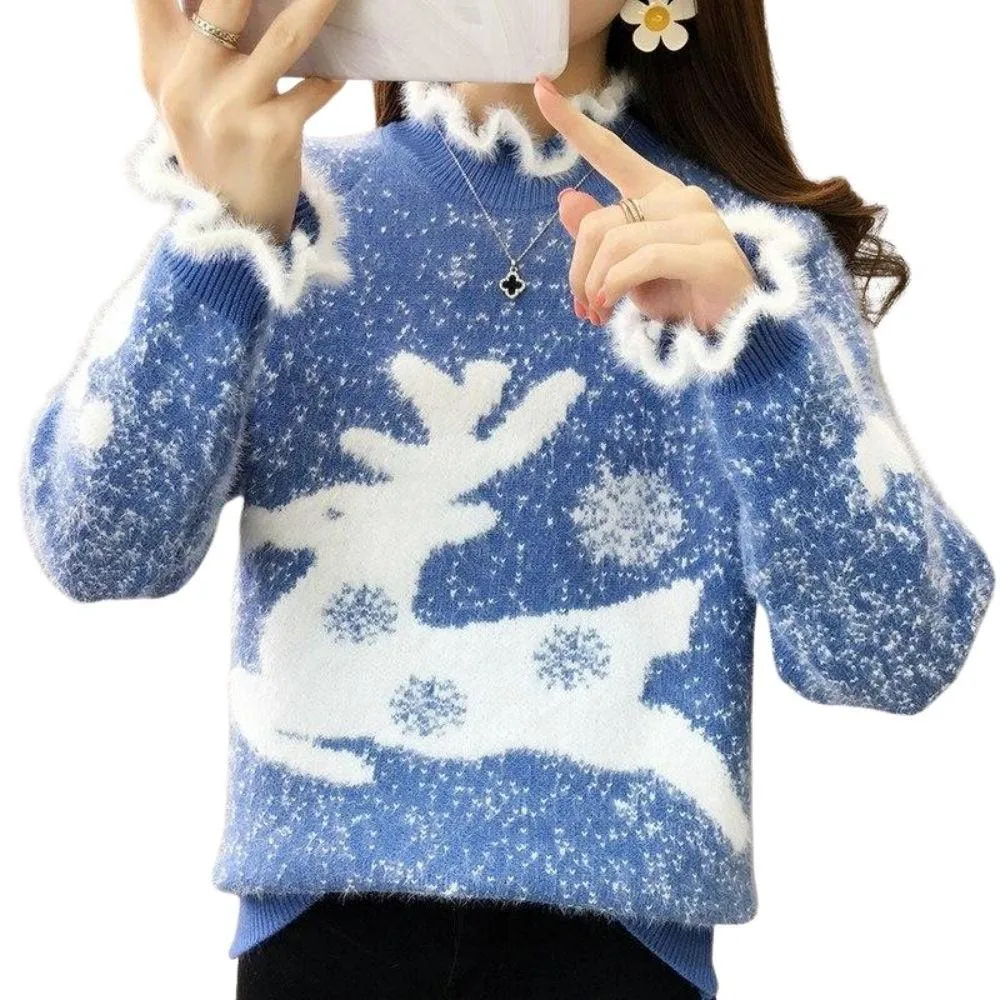 Fluffy Reindeer Christmas Cashmere Sweater: With Reindeer and snow print.