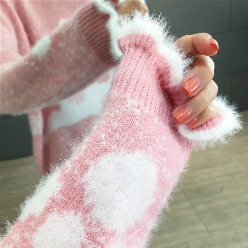 Fluffy Reindeer Christmas Cashmere Sweater: With Reindeer and snow print.