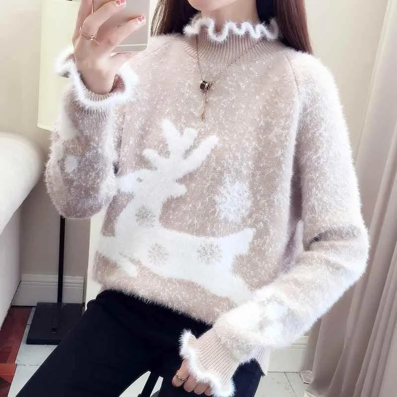 Fluffy Reindeer Christmas Cashmere Sweater: With Reindeer and snow print.