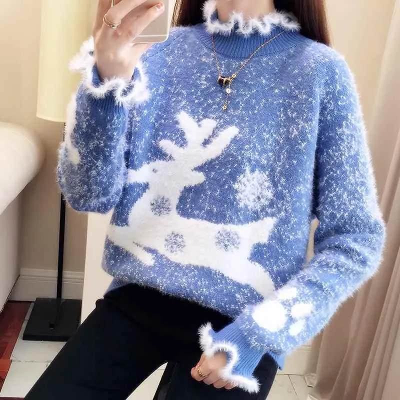 Fluffy Reindeer Christmas Cashmere Sweater: With Reindeer and snow print.