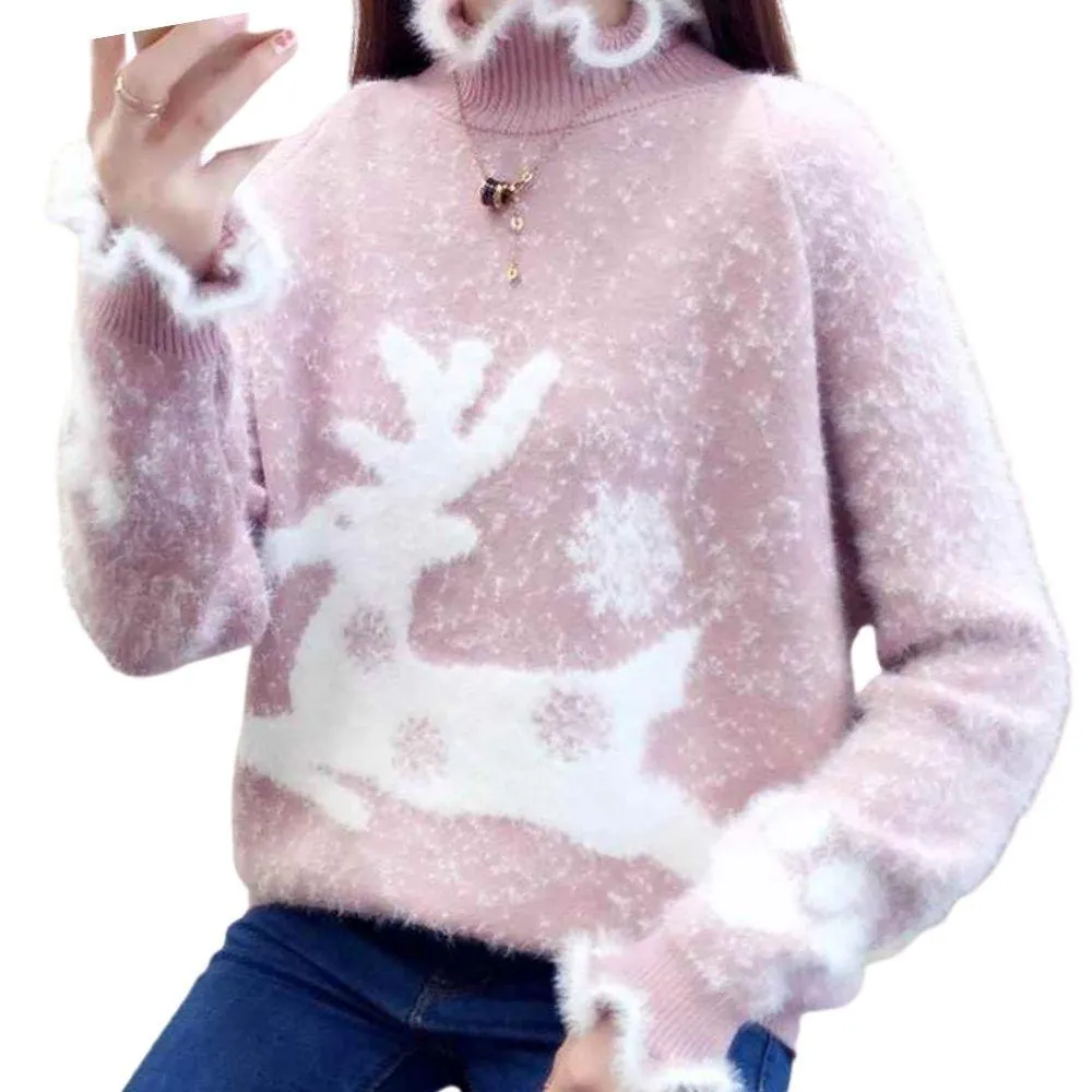 Fluffy Reindeer Christmas Cashmere Sweater: With Reindeer and snow print.
