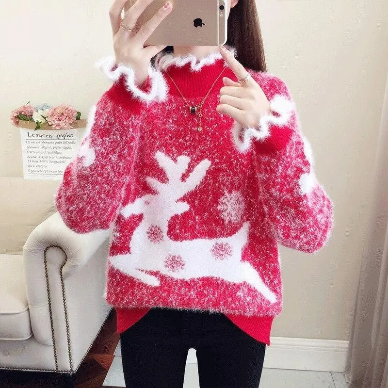 Fluffy Reindeer Christmas Cashmere Sweater: With Reindeer and snow print.