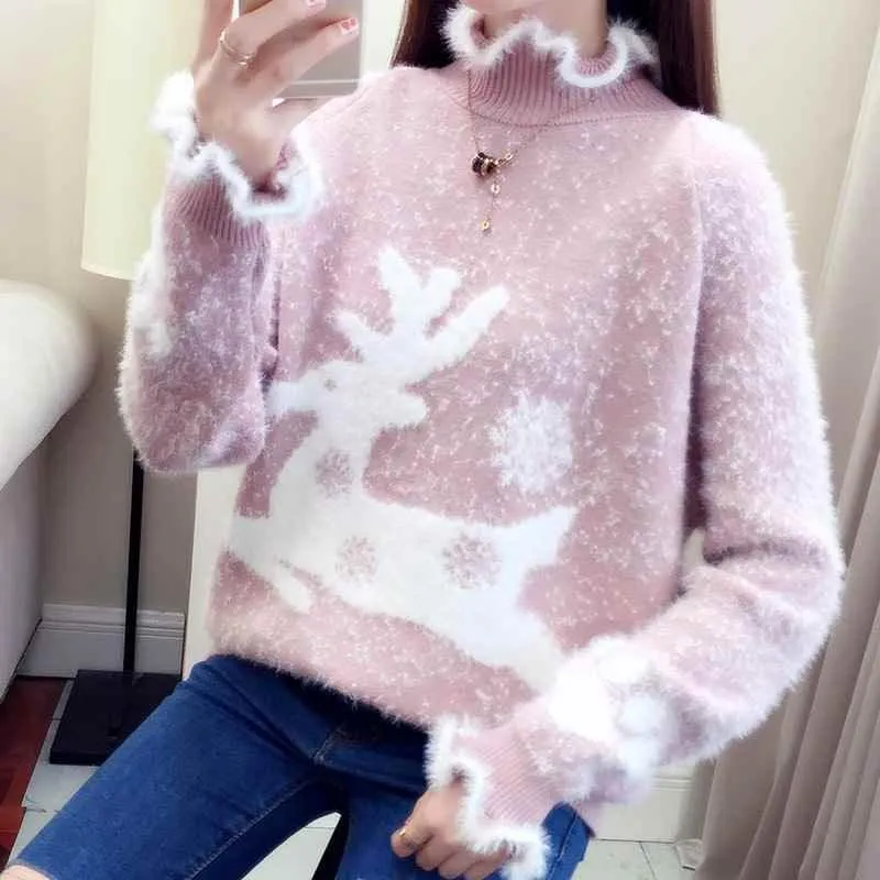 Fluffy Reindeer Christmas Cashmere Sweater: With Reindeer and snow print.