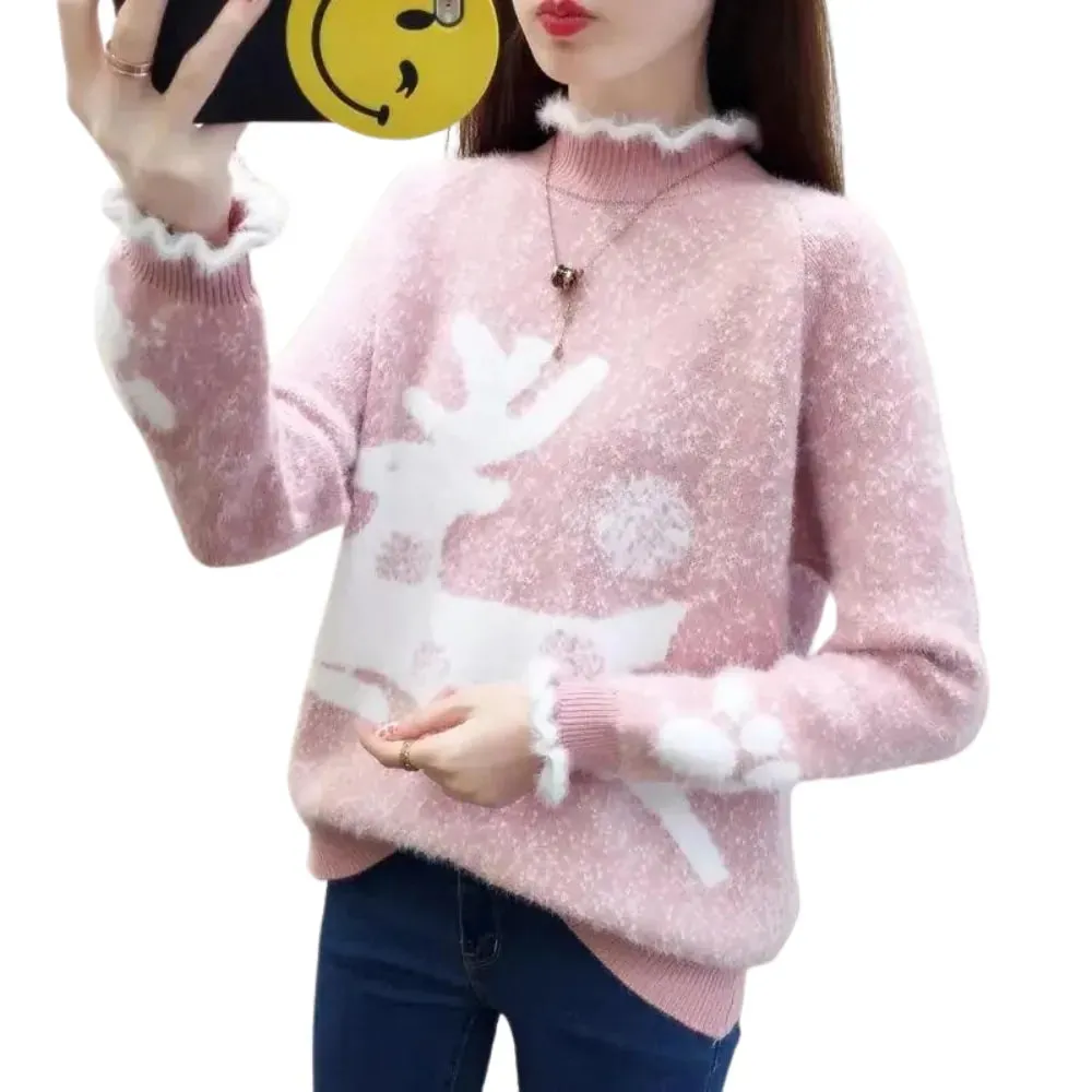 Fluffy Reindeer Christmas Cashmere Sweater: With Reindeer and snow print.