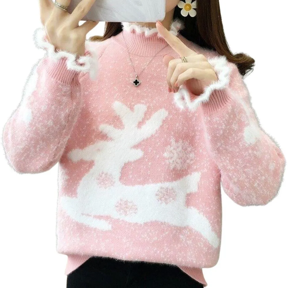 Fluffy Reindeer Christmas Cashmere Sweater: With Reindeer and snow print.