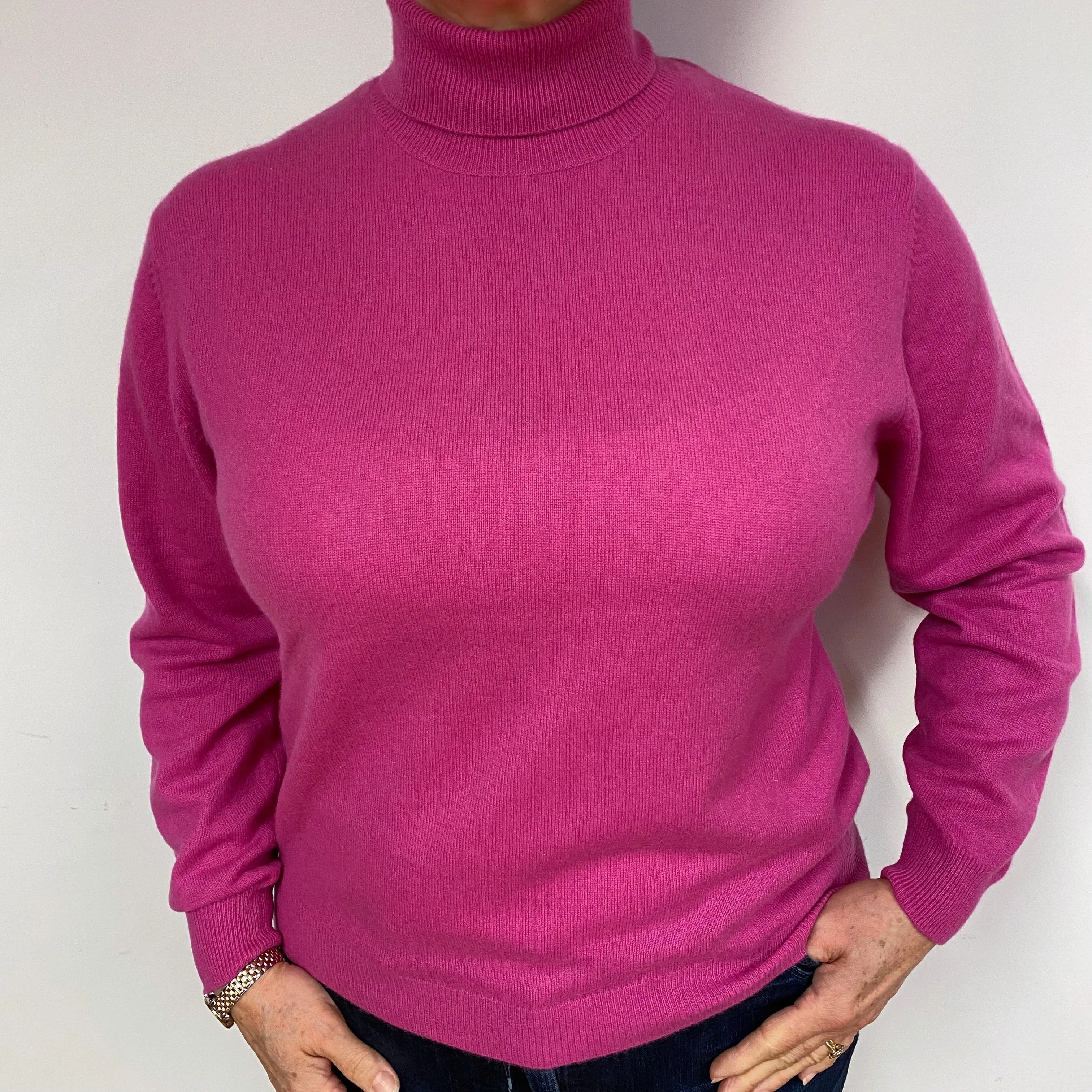 Fuchsia Pink Cashmere Polo Neck Jumper Large
