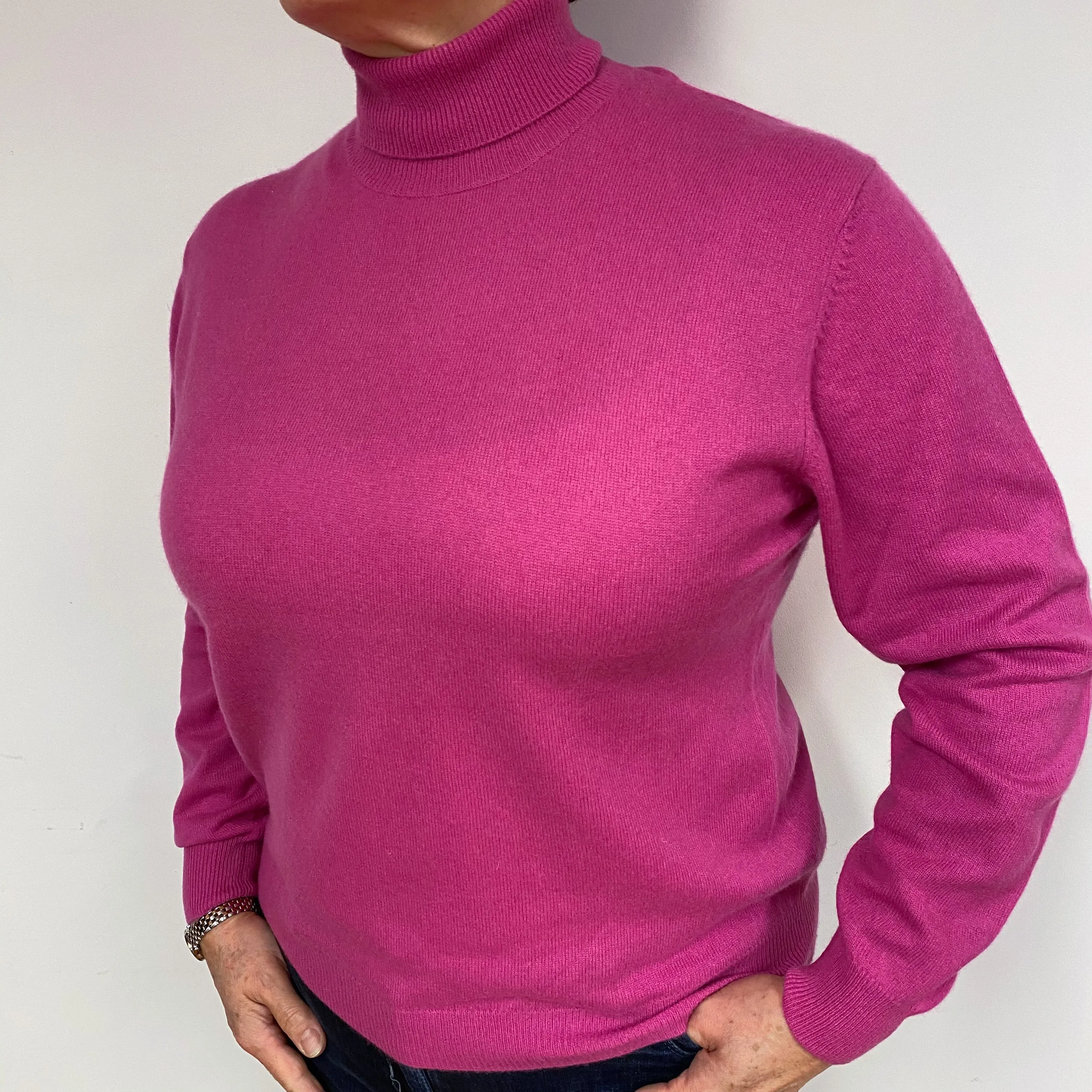 Fuchsia Pink Cashmere Polo Neck Jumper Large