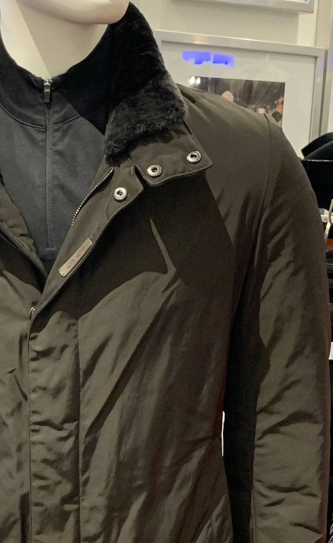 Gimos Outer Wear Coat: Dark Brown Weather Proof Nylon with Removable Hood