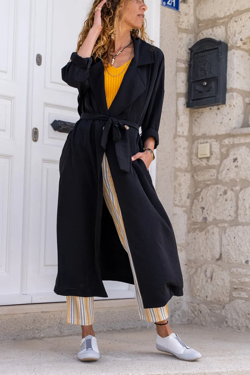 GNS Woman Black Jacket Collar Buttoned Pocketed Self-Belted Loose Thin Trenchcoat Bst3335 - Orange