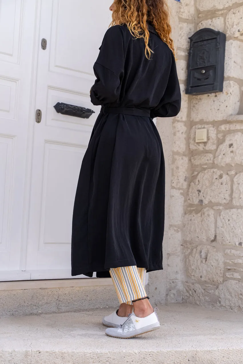 GNS Woman Black Jacket Collar Buttoned Pocketed Self-Belted Loose Thin Trenchcoat Bst3335 - Orange