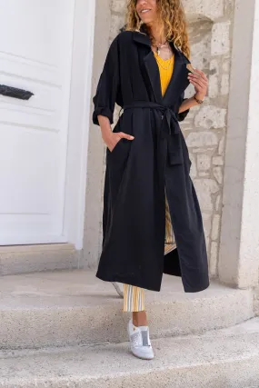 GNS Woman Black Jacket Collar Buttoned Pocketed Self-Belted Loose Thin Trenchcoat Bst3335 - Orange