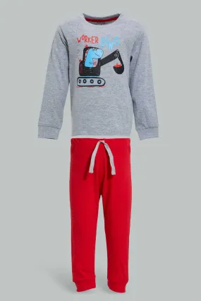 Grey And Red Digger Pyjama Set For Baby Boy (2 Piece)