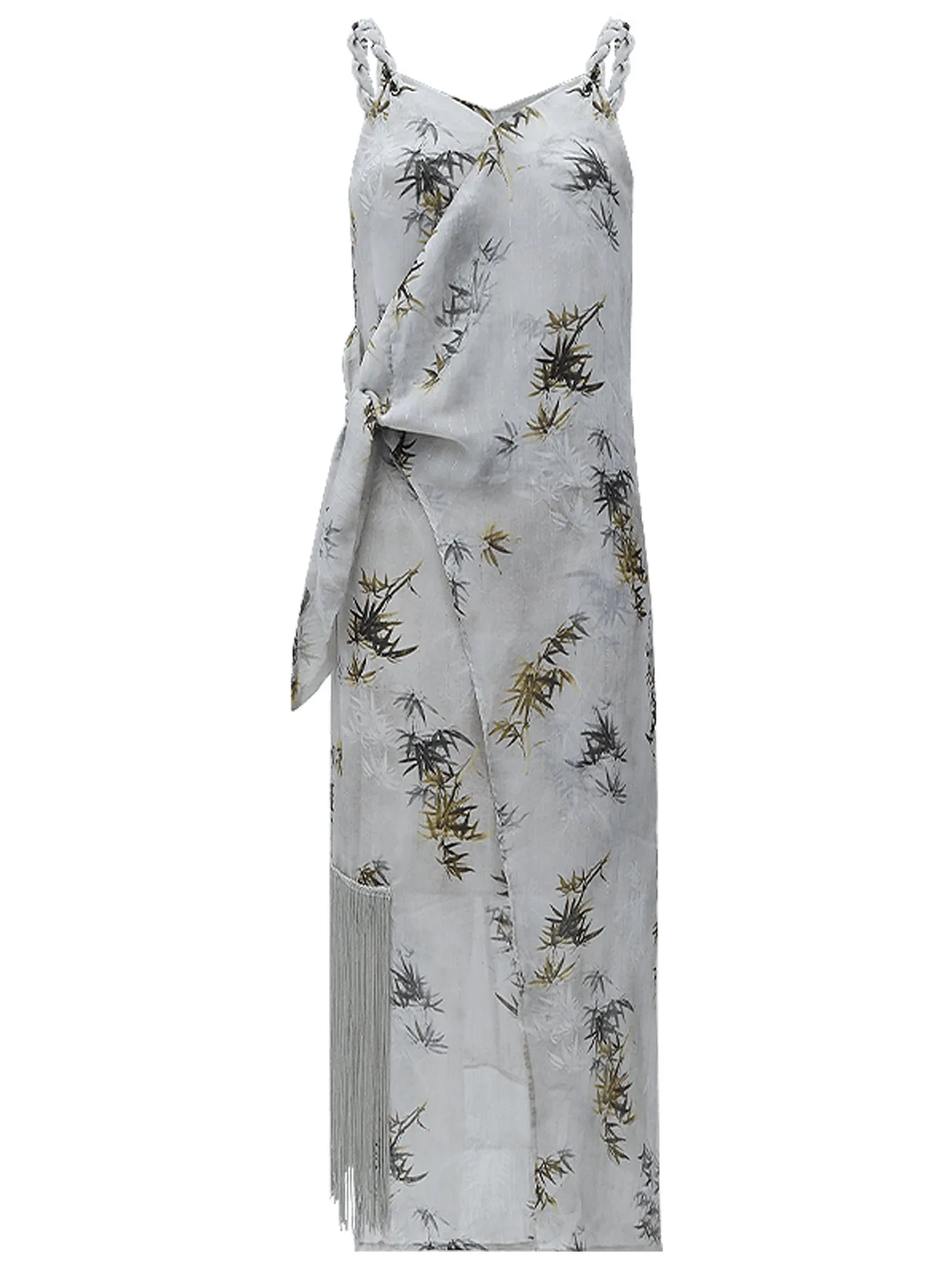 Grey Bamboo Foliage Asymmetrical Wrap Dress