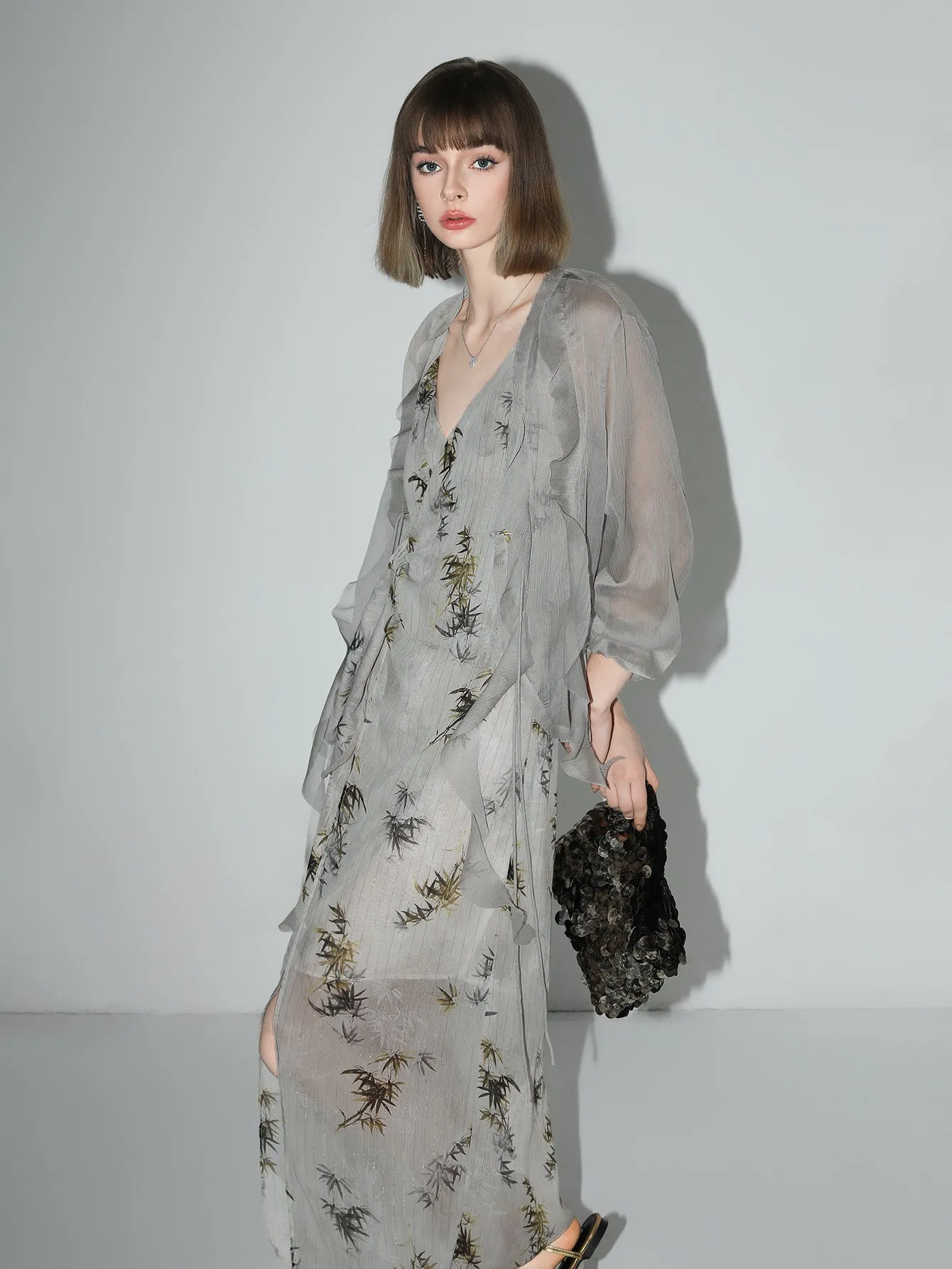 Grey Bamboo Foliage Asymmetrical Wrap Dress