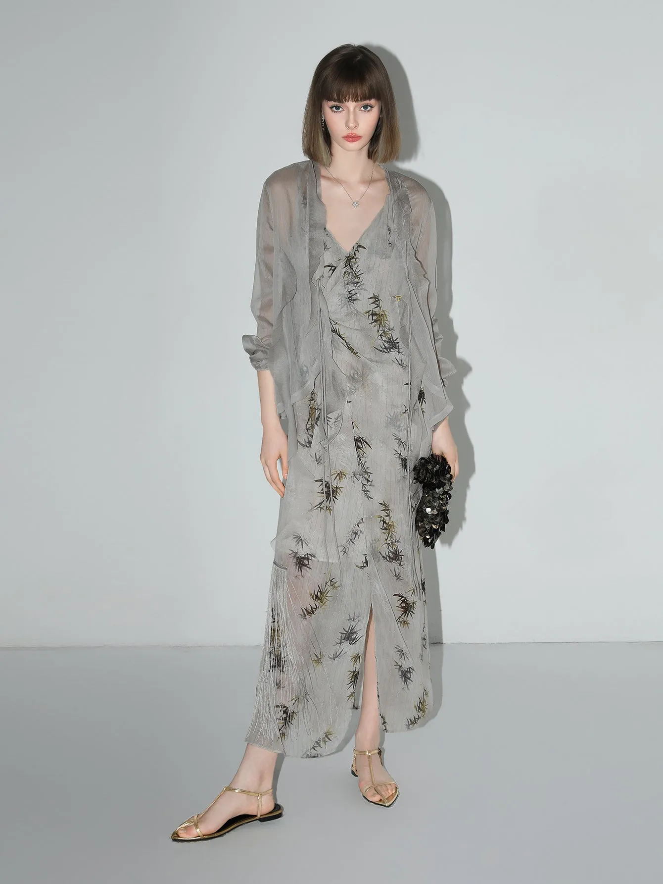Grey Bamboo Foliage Asymmetrical Wrap Dress