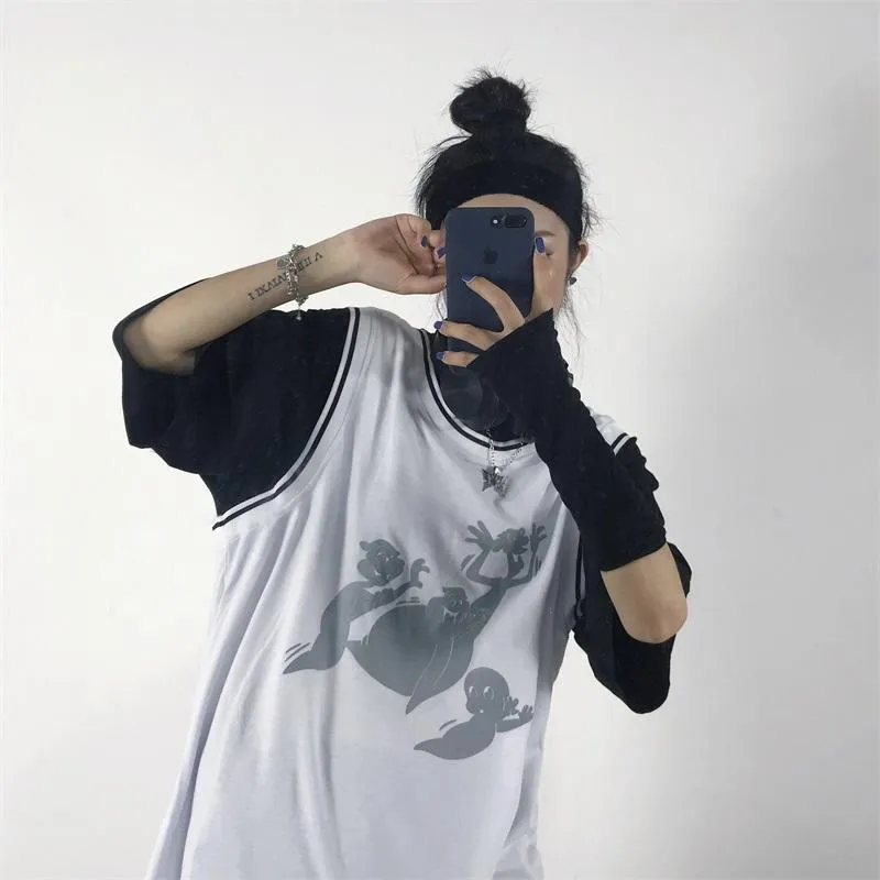 Grunge Ghost Cartoon Print Vest   Oversized T-Shirt