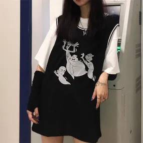 Grunge Ghost Cartoon Print Vest   Oversized T-Shirt