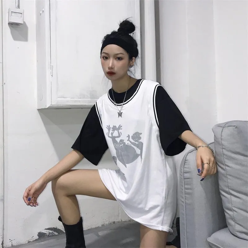 Grunge Ghost Cartoon Print Vest   Oversized T-Shirt