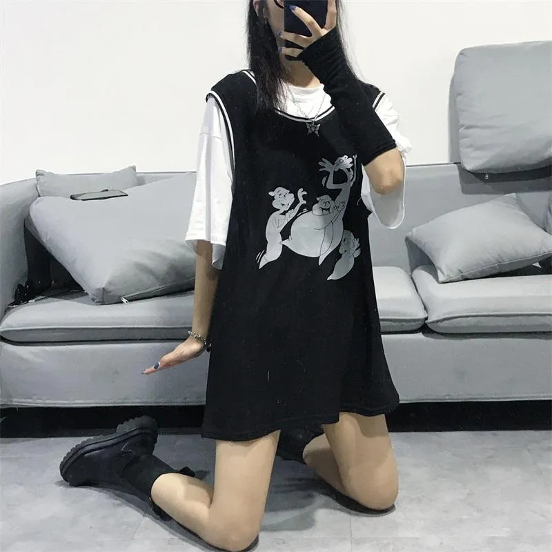 Grunge Ghost Cartoon Print Vest   Oversized T-Shirt