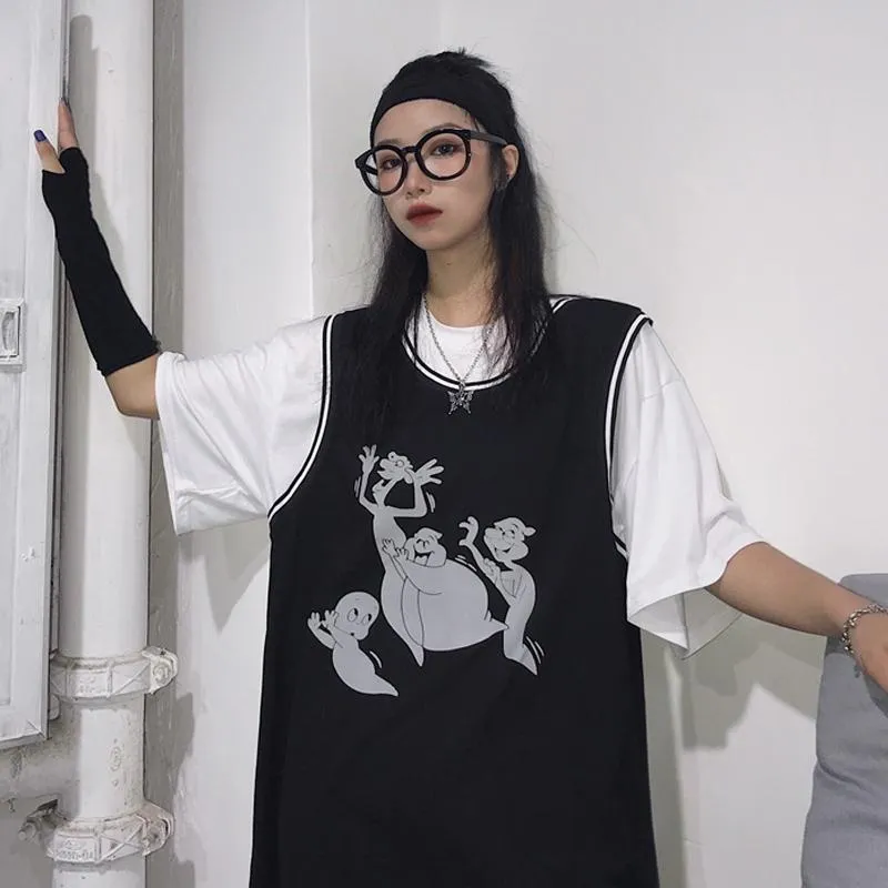 Grunge Ghost Cartoon Print Vest   Oversized T-Shirt