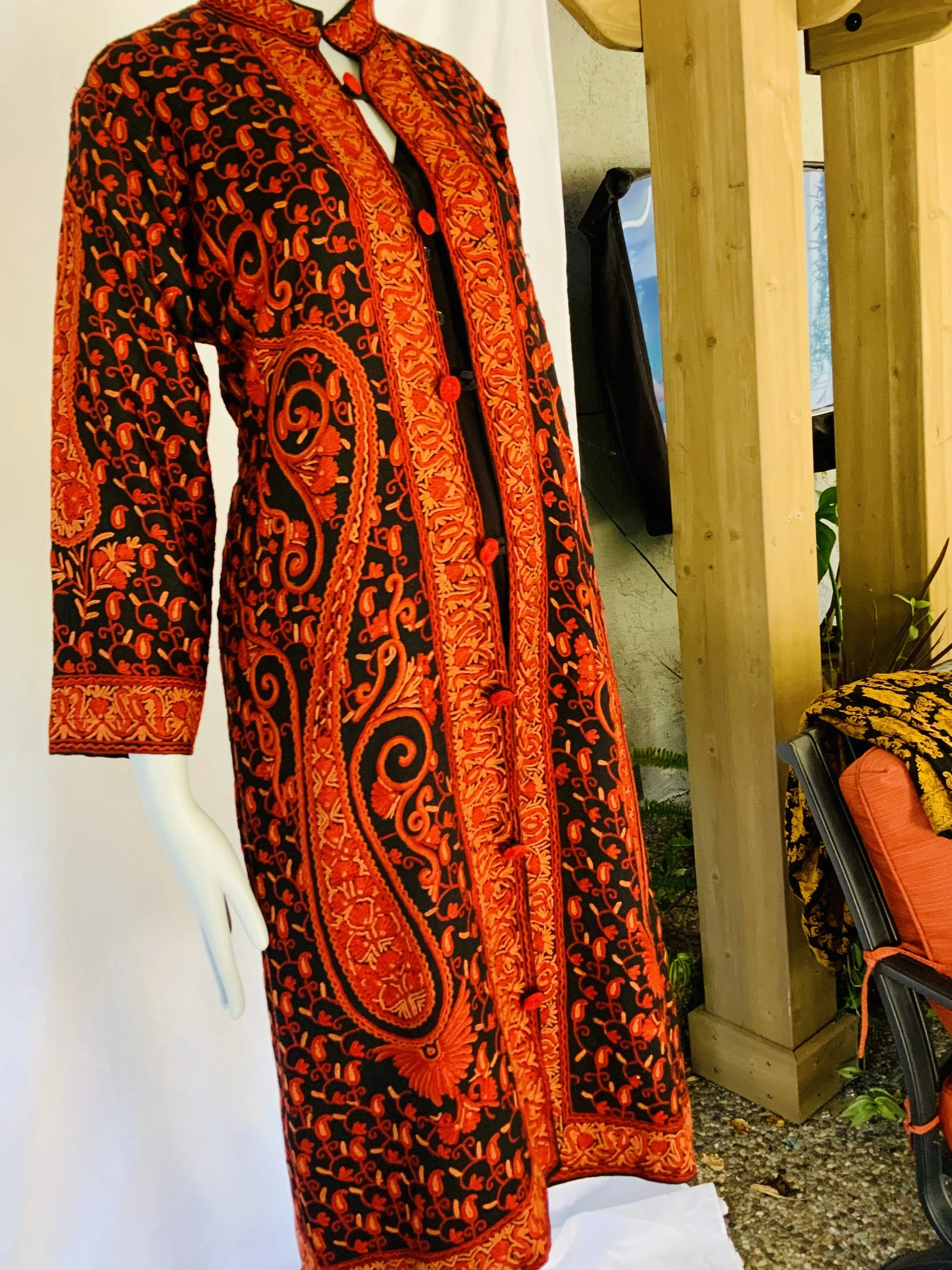Hand Embroidered Long Jacket -  Black and Red