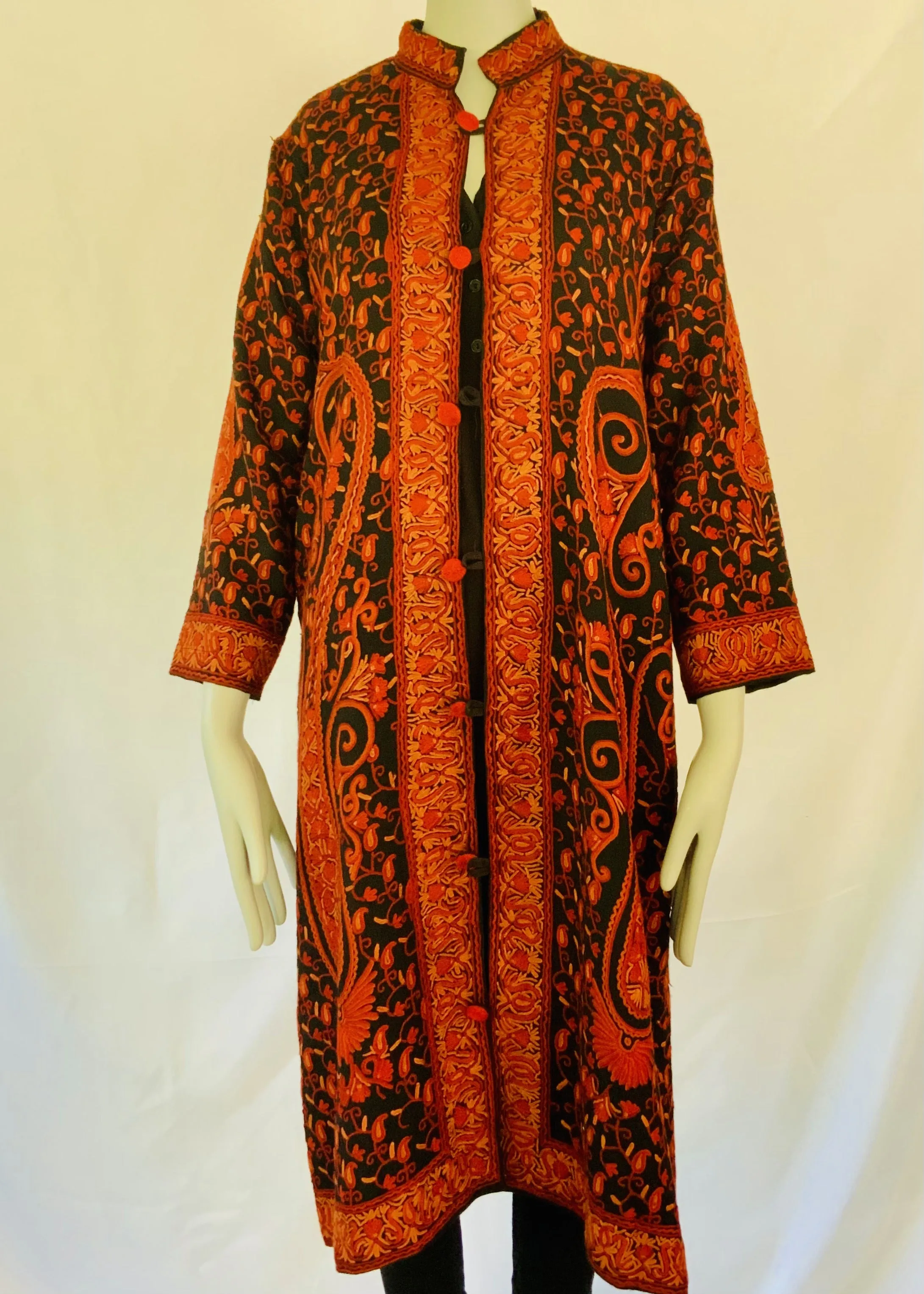 Hand Embroidered Long Jacket -  Black and Red