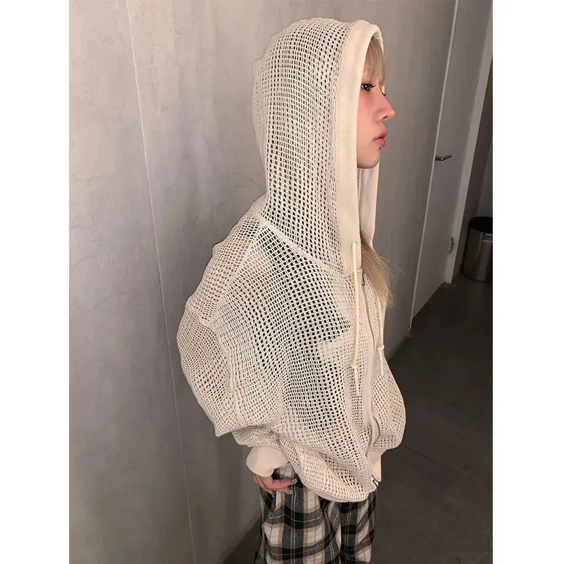 Harajuku Grunge Knitted Cardigans Women See Through Y2k Oversized Hollow Out Crochet Tops Sweaters Gothic Streetwear