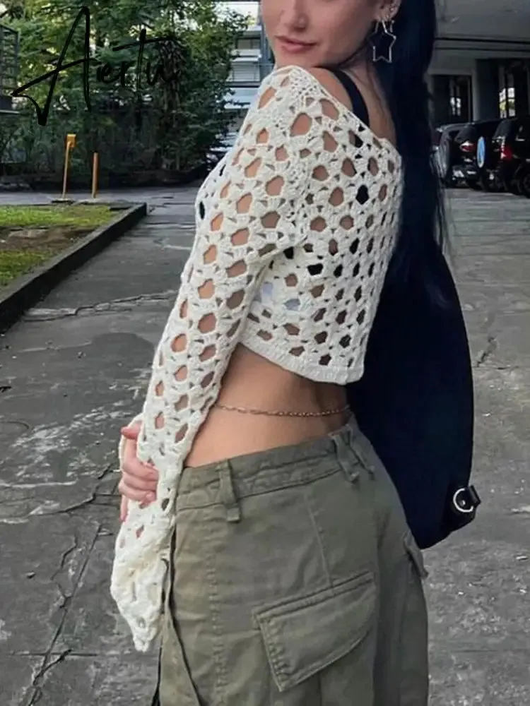 Harajuku Knitted Crop Tops Y2K Vintage Crochet Hollow Out T-shirt 90s Vintage Grunge See-through Cover-Ups Crop Top