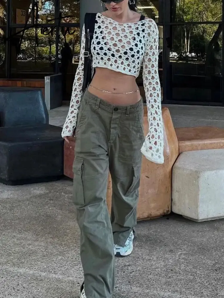 Harajuku Knitted Crop Tops Y2K Vintage Crochet Hollow Out T-shirt 90s Vintage Grunge See-through Cover-Ups Crop Top