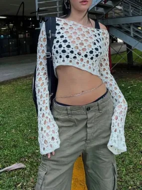 Harajuku Knitted Crop Tops Y2K Vintage Crochet Hollow Out T-shirt 90s Vintage Grunge See-through Cover-Ups Crop Top