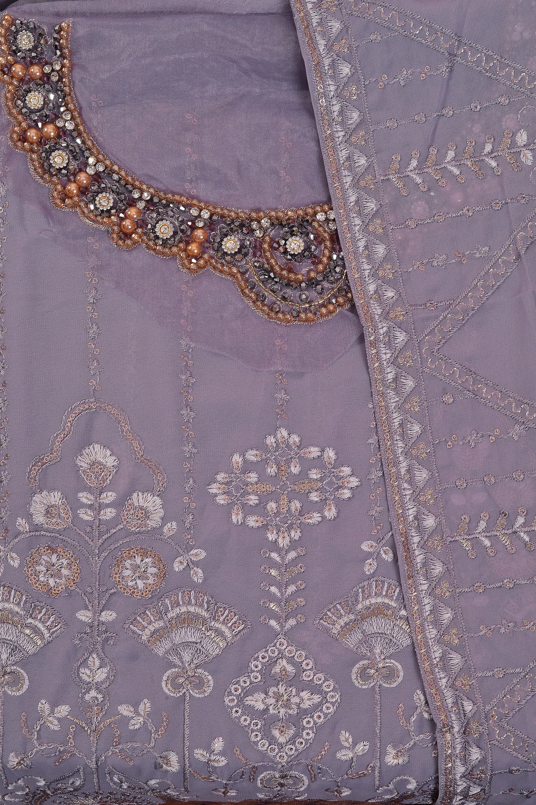 Heavy Embroidered Poly Georgette Lavender Dress Material with Dupatta