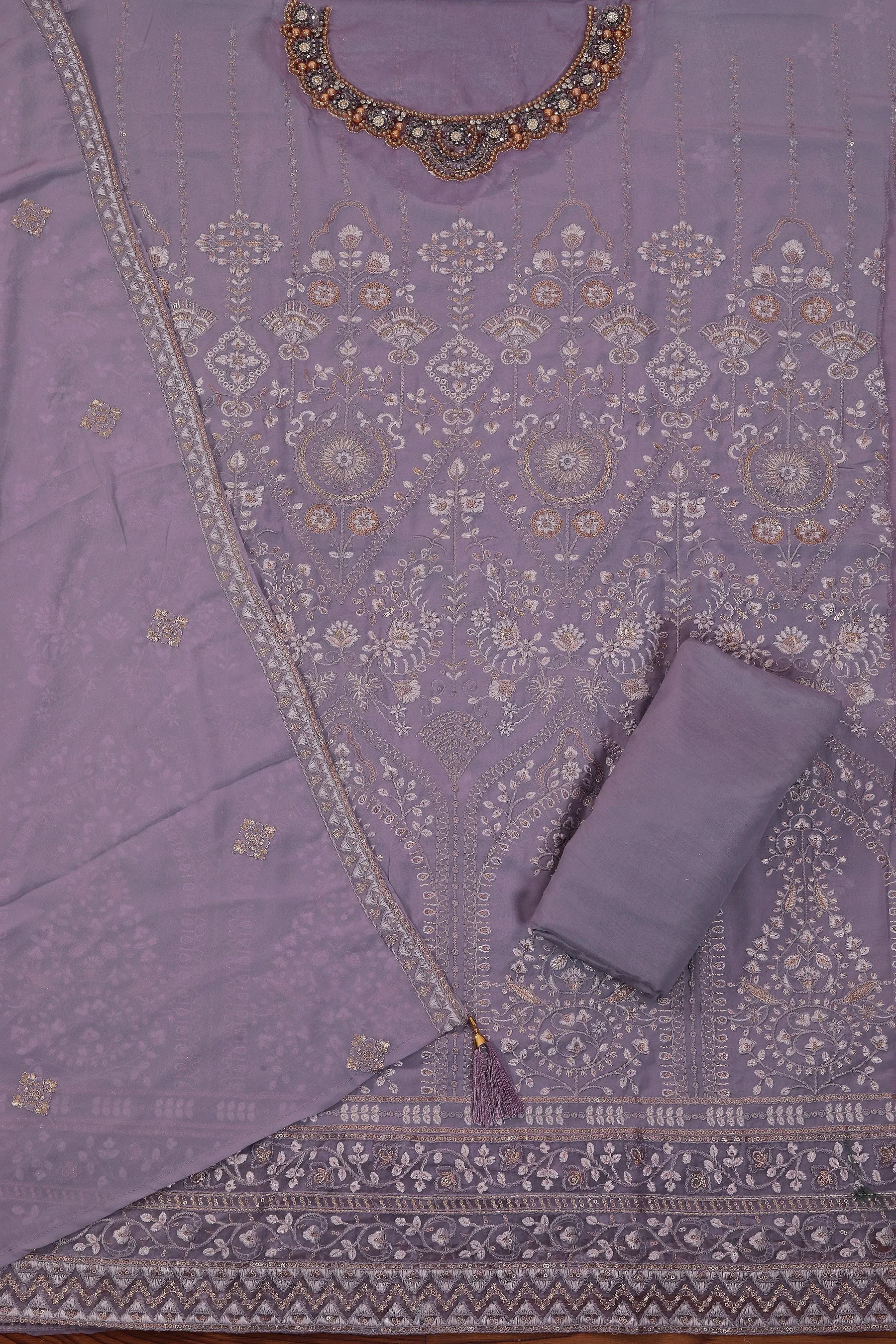 Heavy Embroidered Poly Georgette Lavender Dress Material with Dupatta