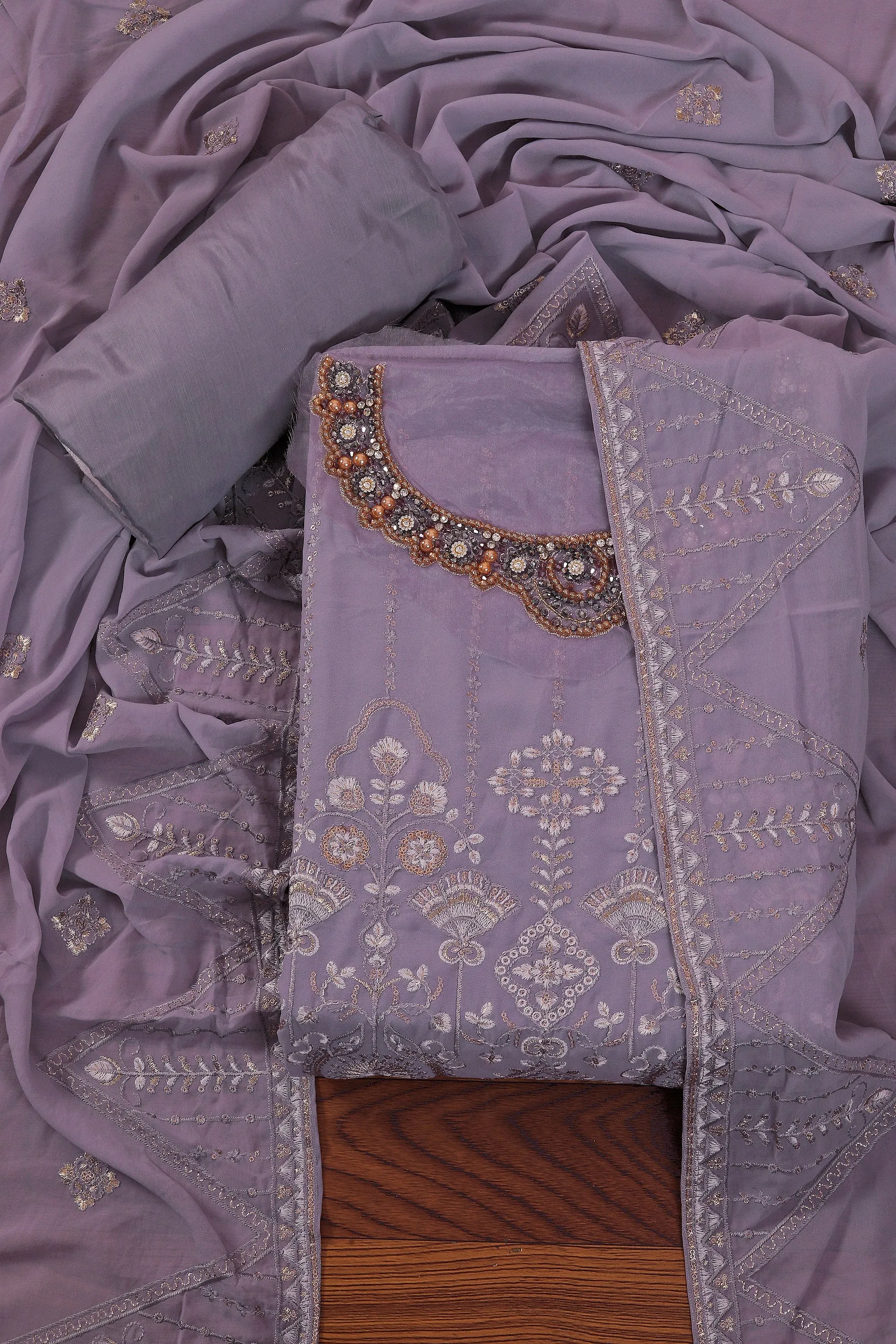 Heavy Embroidered Poly Georgette Lavender Dress Material with Dupatta