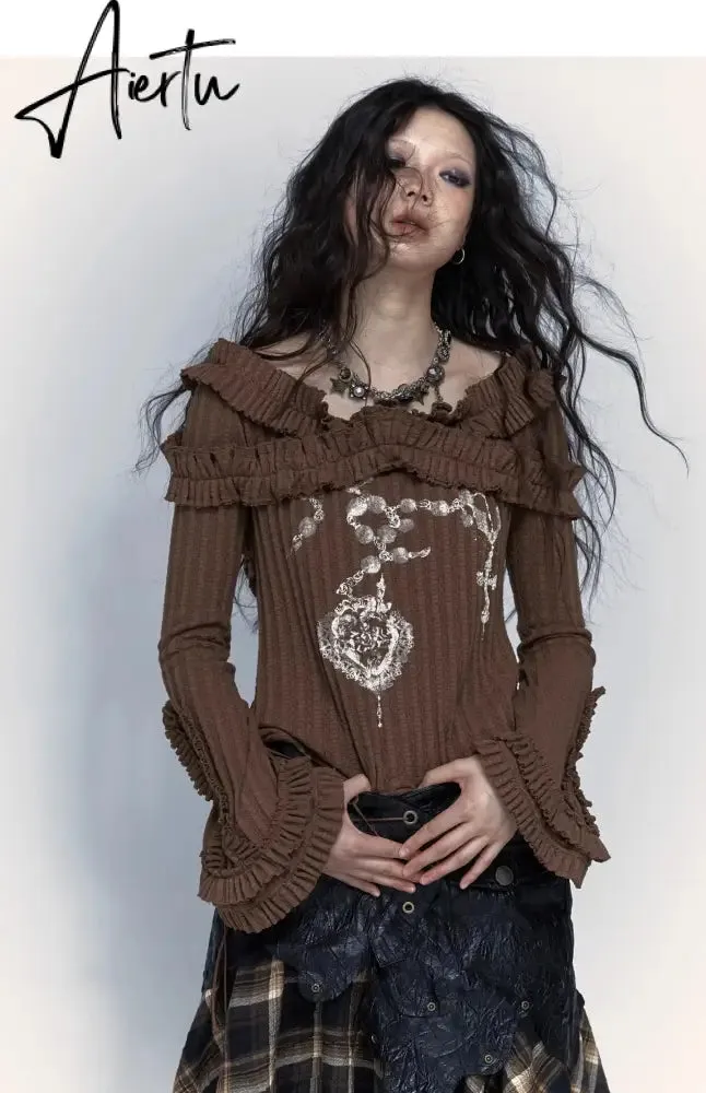Karrcat Grunge Aesthetics Knitted Tops Vintage Off Shoulder Tattoo Print T-shirt Wasteland Punk Black Ribbed Tee Shirt Gothic