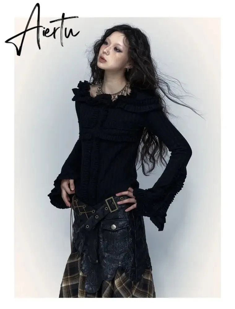 Karrcat Grunge Aesthetics Knitted Tops Vintage Off Shoulder Tattoo Print T-shirt Wasteland Punk Black Ribbed Tee Shirt Gothic