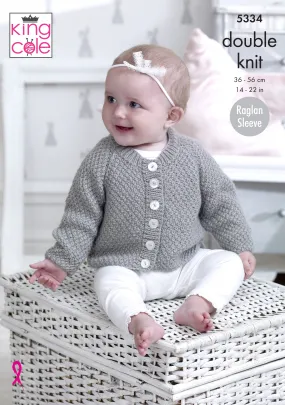 King Cole 5334 Baby Double Knitting Pattern - DK Round Neck Cardigan, V Neck Cardigan & Sweater