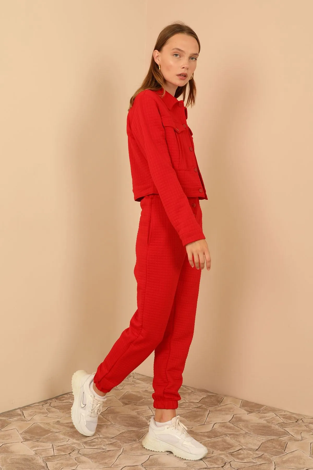 KKT Quilted Fabric Long Sleeve Shirt Collar Short Full Fit Button Up Women Jacket - Red - Orangetown