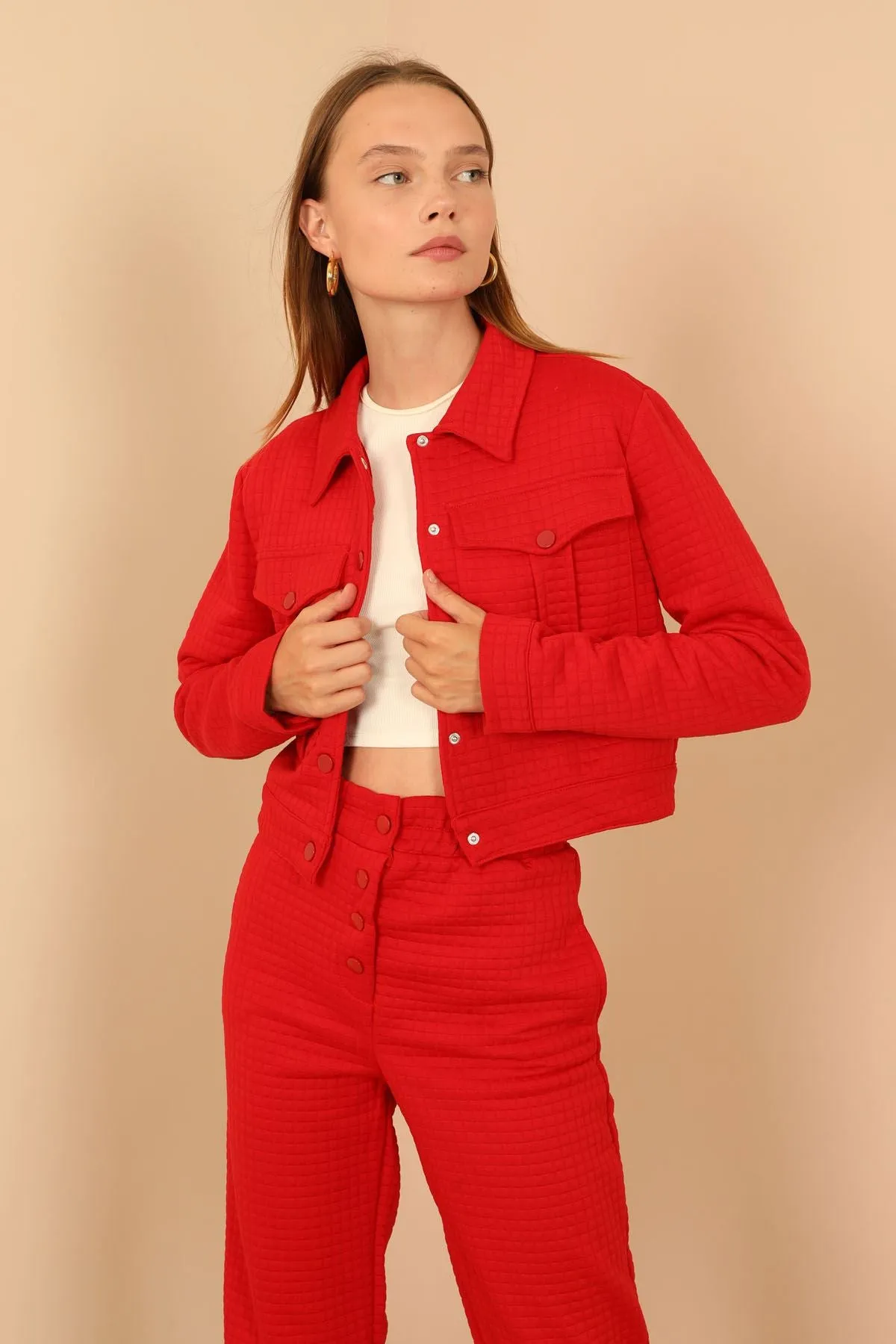 KKT Quilted Fabric Long Sleeve Shirt Collar Short Full Fit Button Up Women Jacket - Red - Orangetown