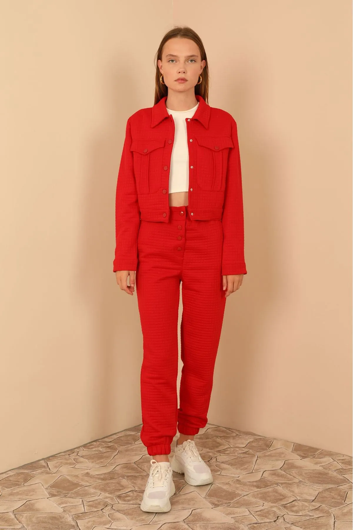 KKT Quilted Fabric Long Sleeve Shirt Collar Short Full Fit Button Up Women Jacket - Red - Orangetown