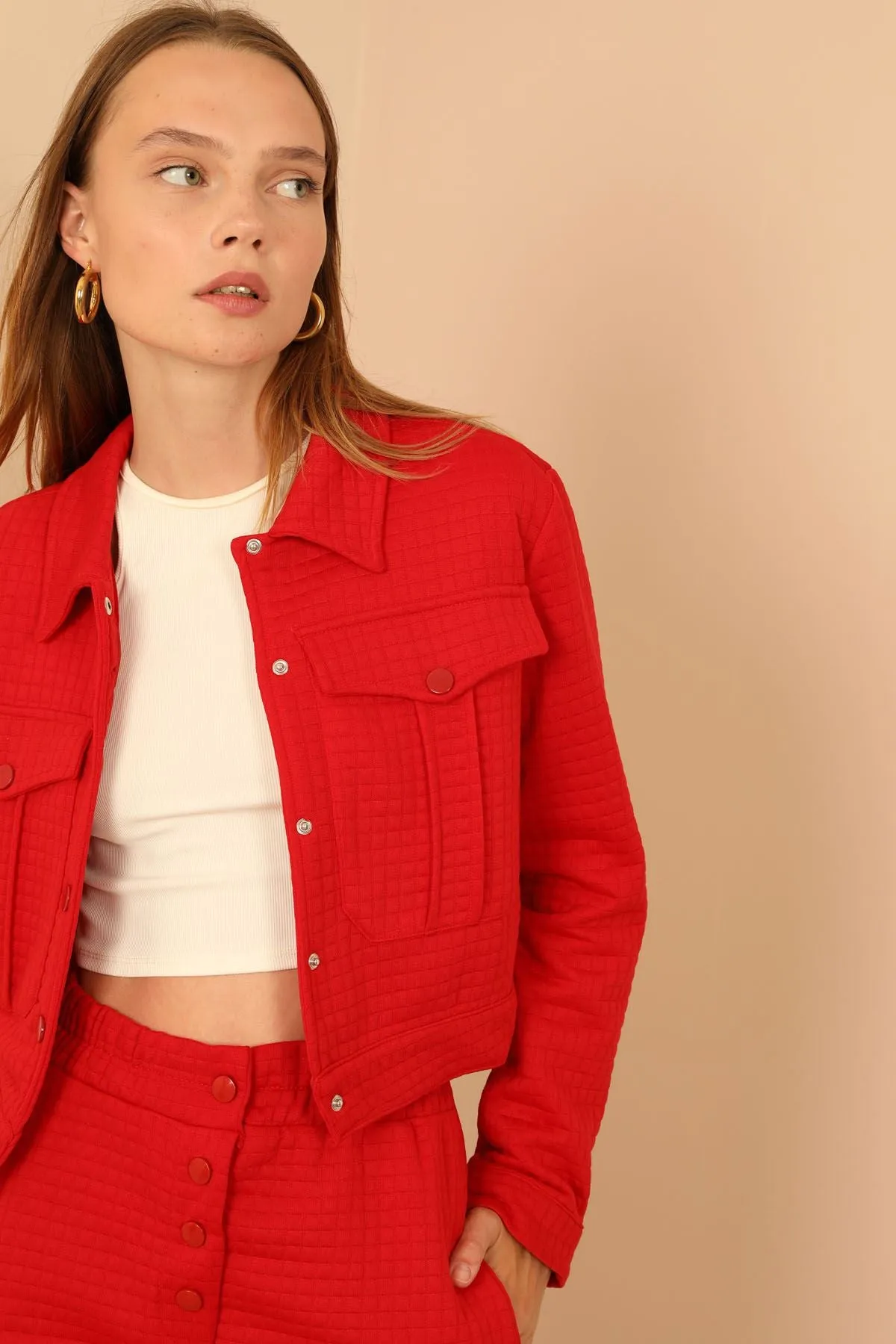 KKT Quilted Fabric Long Sleeve Shirt Collar Short Full Fit Button Up Women Jacket - Red - Orangetown