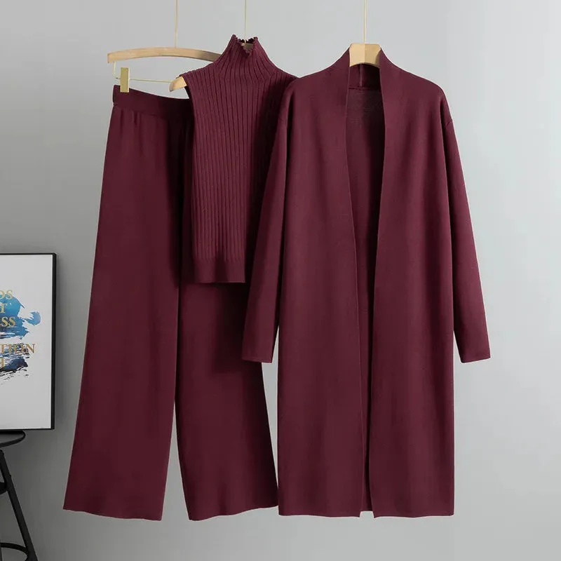 Knitted sleeveless vest sweater cardigan pants three-piece set