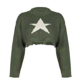 Knitted star pattern contrast long sleeve crewneck crop top