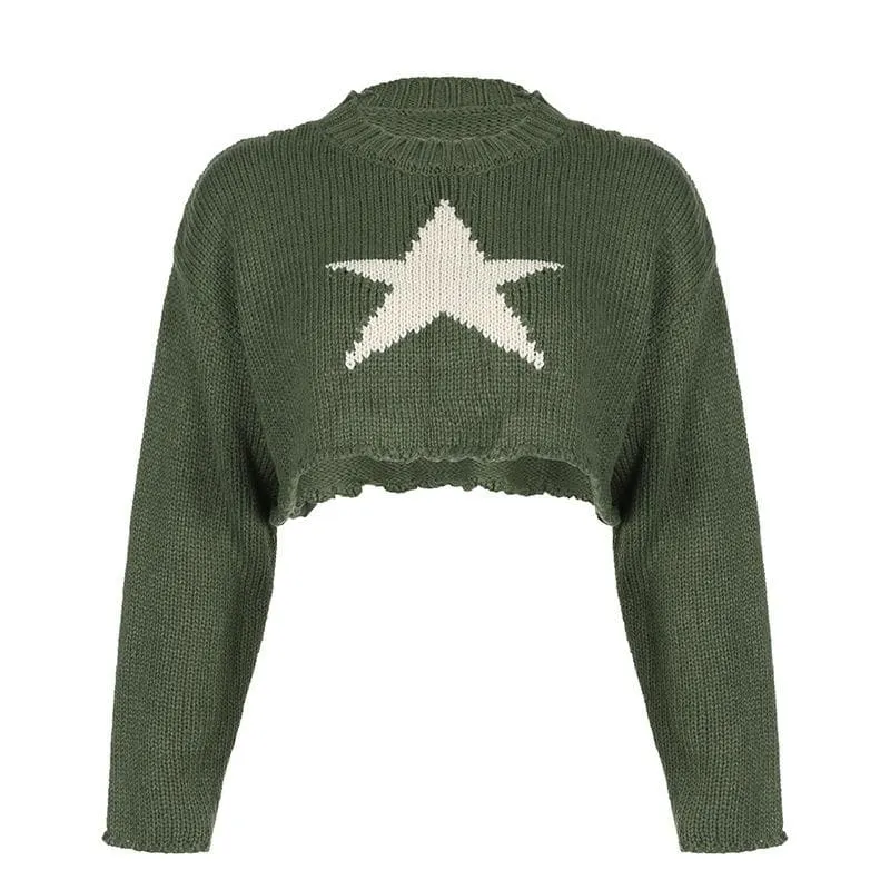 Knitted star pattern contrast long sleeve crewneck crop top