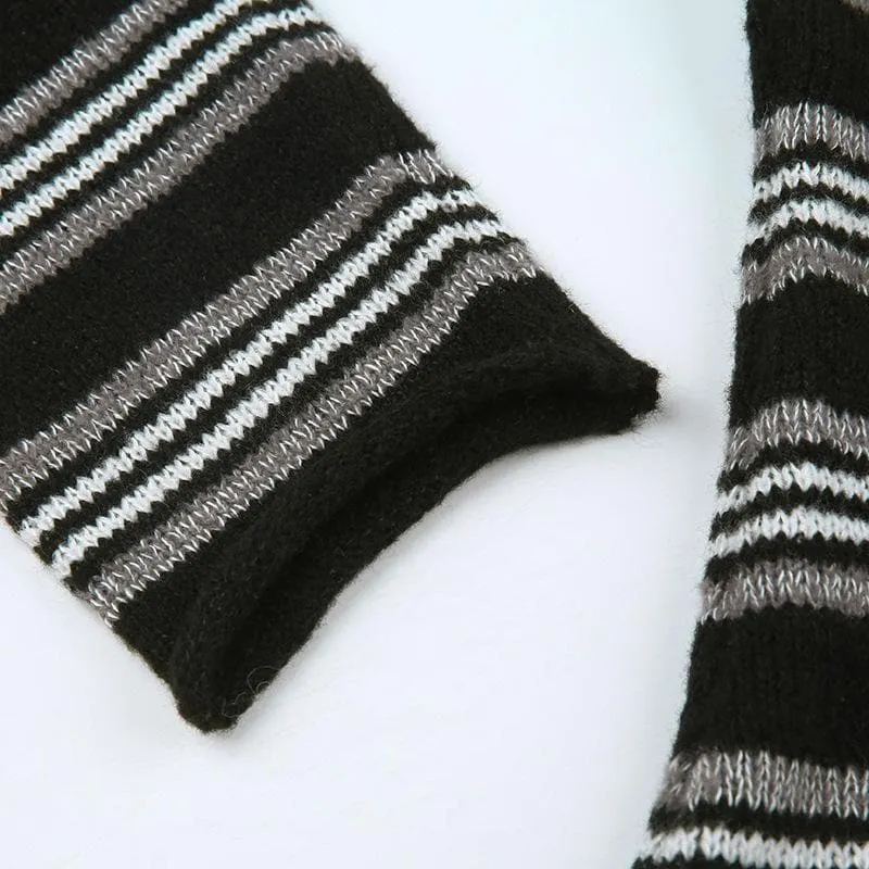Knitted striped contrast long sleeve off shoulder top