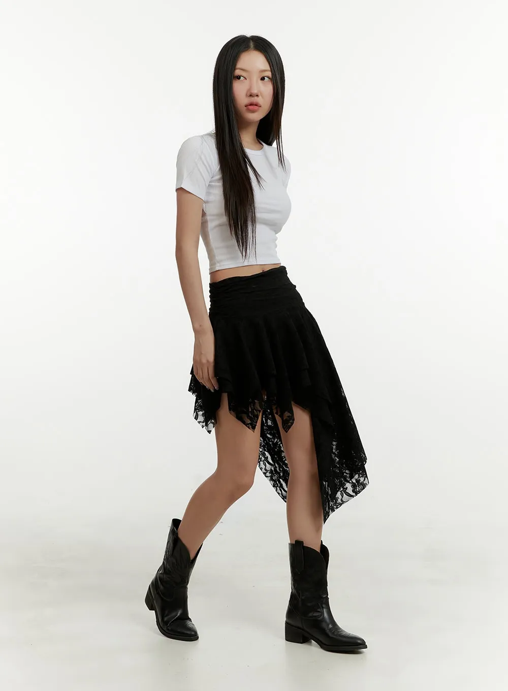 Lace Ruffle Asymmetrical Mini Skirt CY408