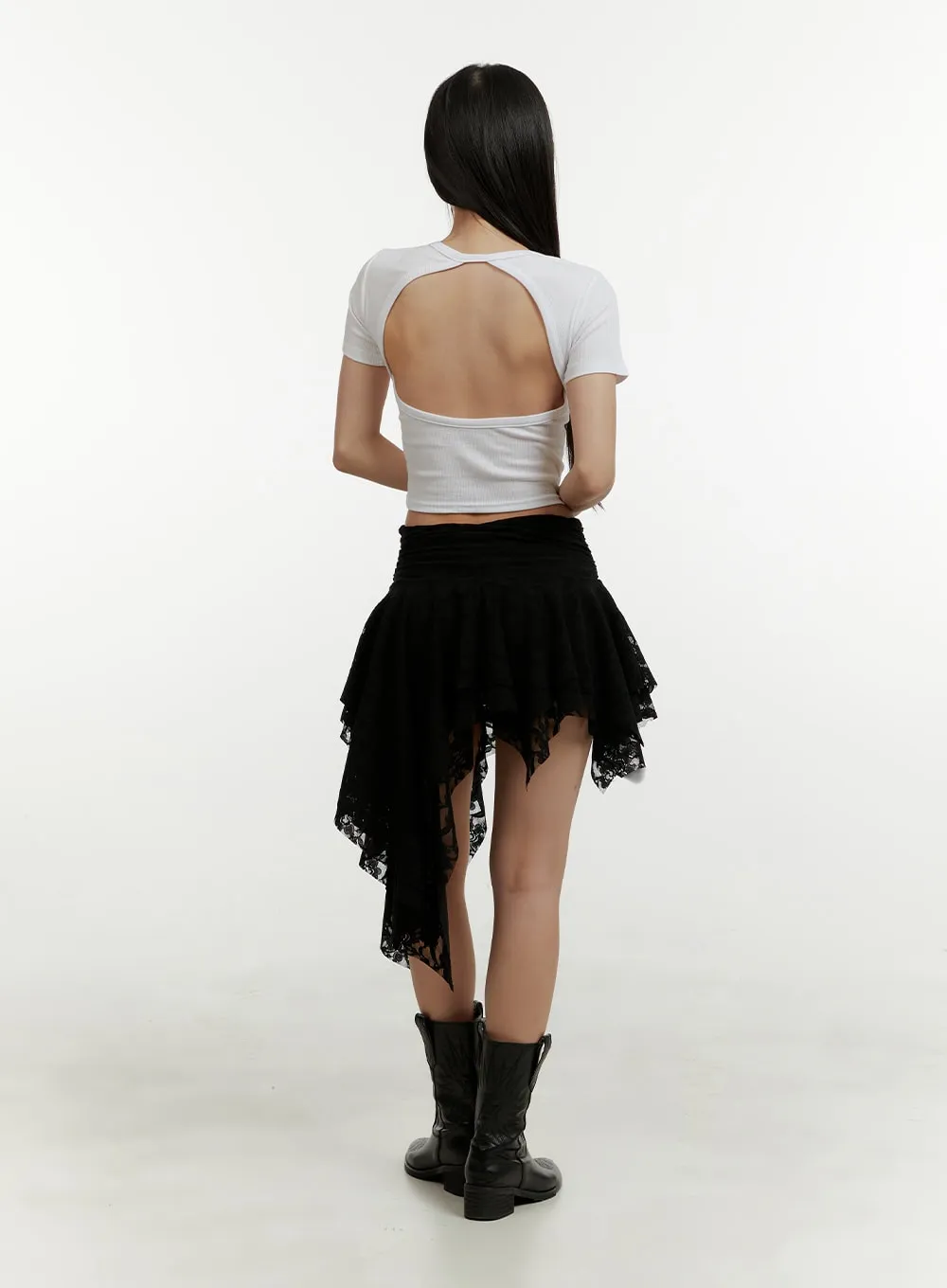 Lace Ruffle Asymmetrical Mini Skirt CY408